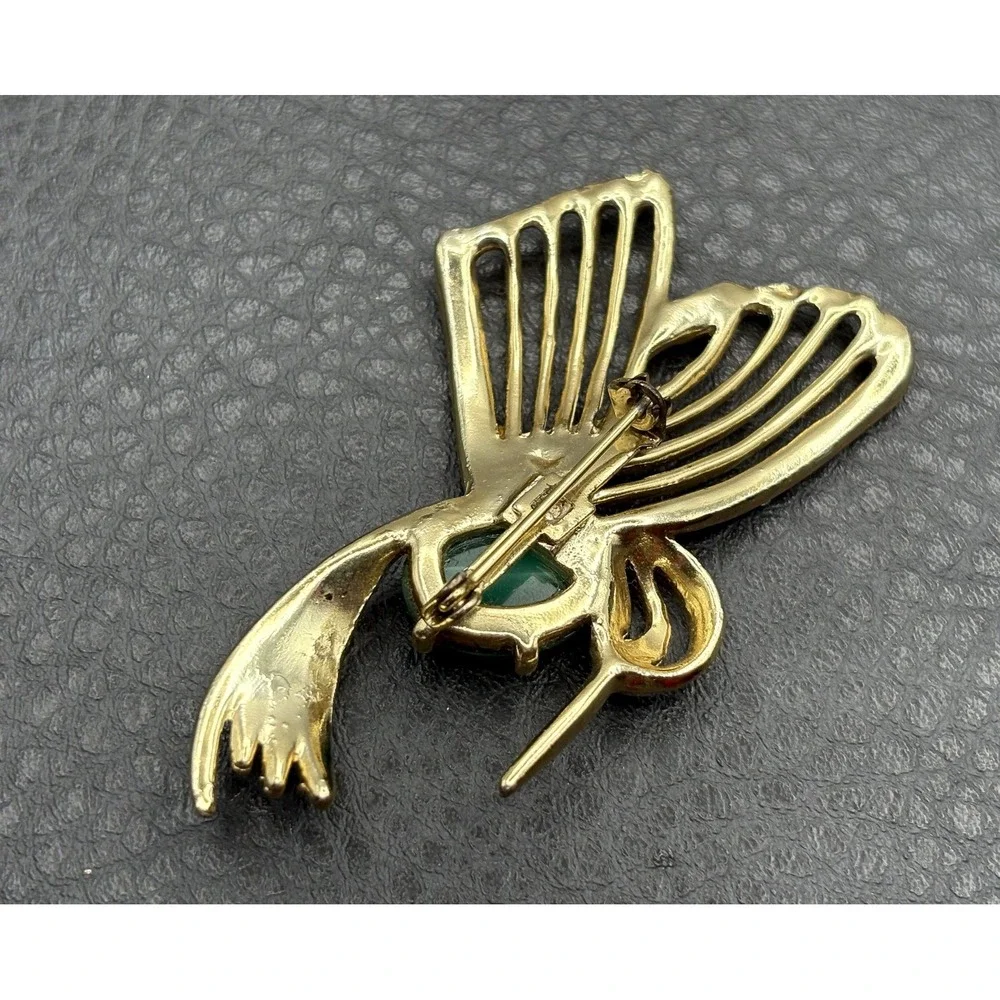 VTG Gold Tone Hummingbird Bird Brooch Green Moon glow Cabochon Clear Rhinestones